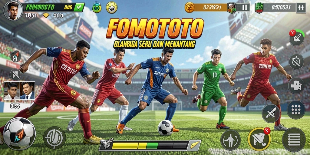 Tampilan gameplay FOMOTOTO yang seru dengan aksi olahraga penuh energi.