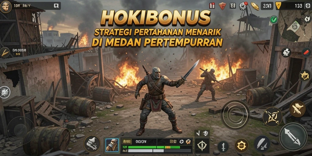 Screenshot gameplay HOKIBONUS yang menunjukkan serangan musuh dan tower bertahan.