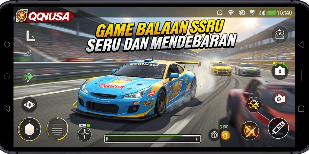 Screenshot gameplay QQNUSA menampilkan adrenalin tinggi di lintasan balapan.