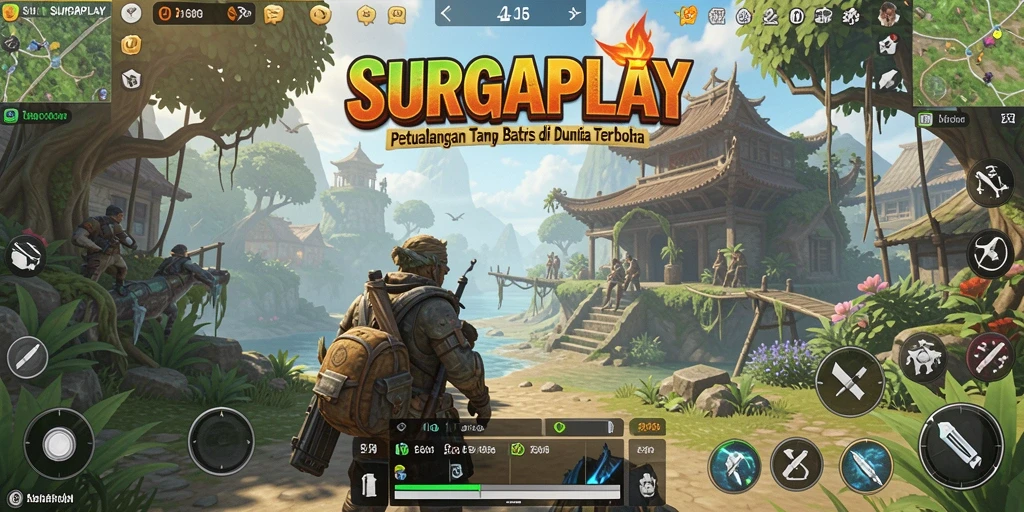Tangkapan layar dari gameplay SURGAPLAY yang menunjukkan dunia terbuka yang luas.